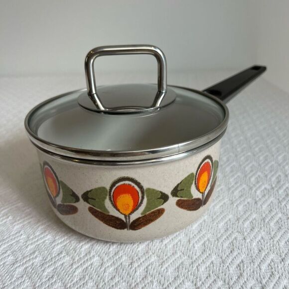 Vintage 70s Aubecq Pot Enamel Coated Steel Frying Pot Made in France, 1970s - Picture 3 of 15